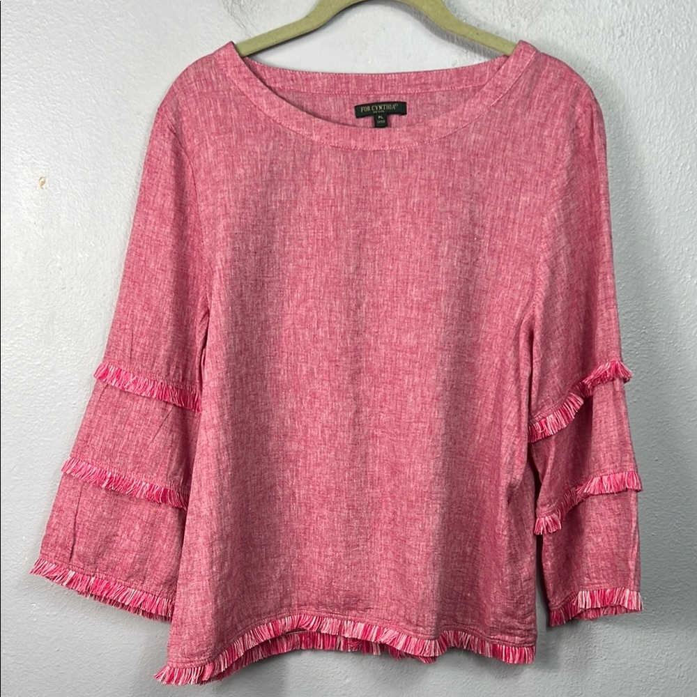 For Cynthia Linen Blend Pink Fringe 3/4 Sleeve Top Large Petite